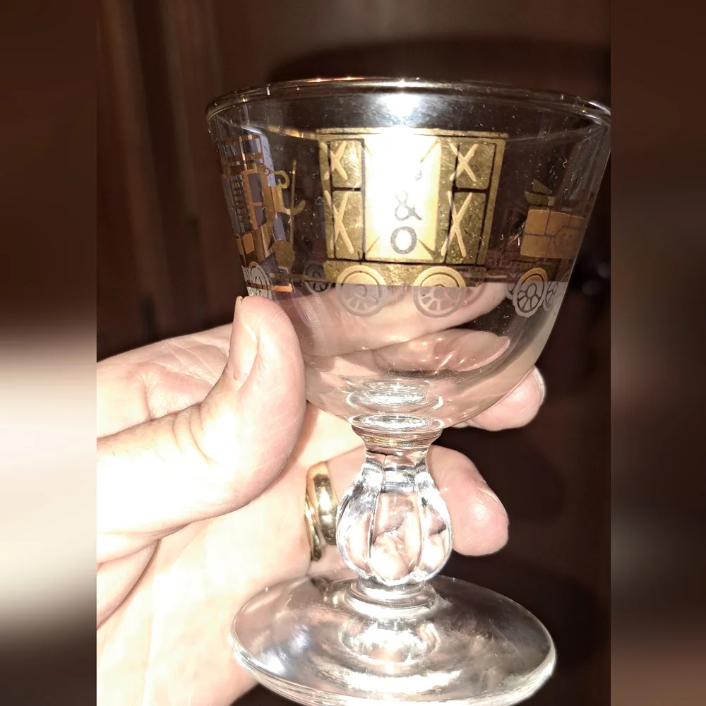 B&O Railroad Steam Engine Train Coal Box Coach Car Gold MCM 6 Wine Glasses